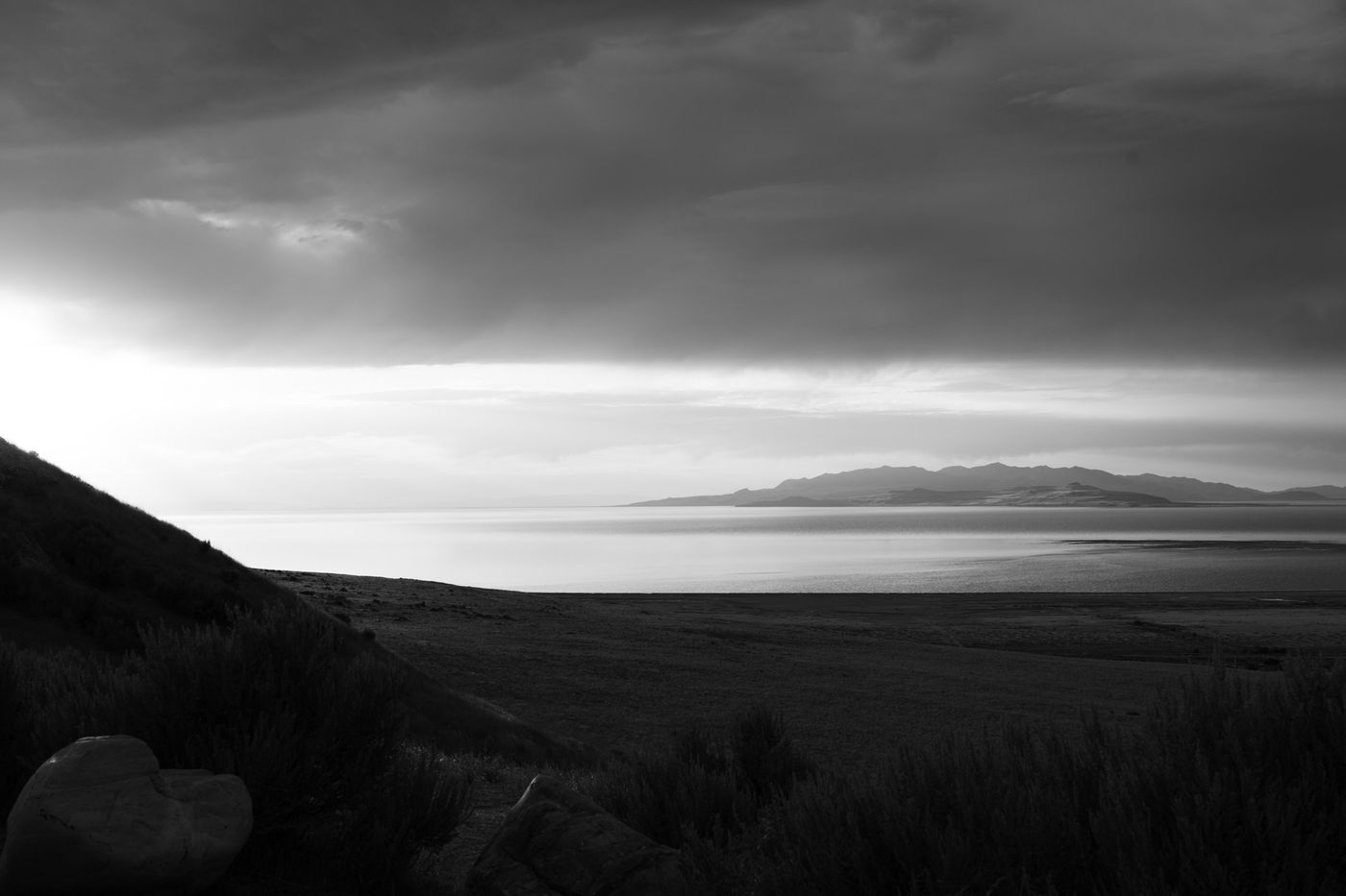 The lake at sunset in black and white with Acros