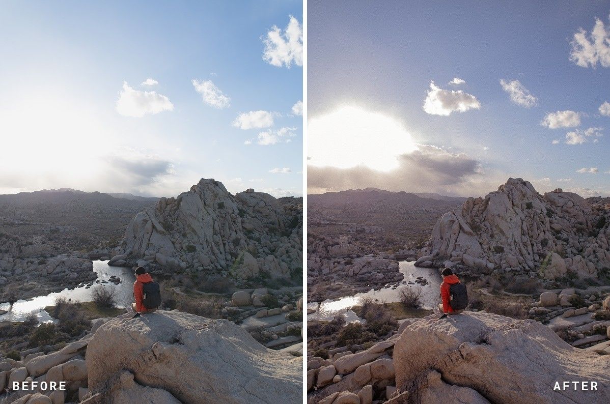 Before and after: boulders in Joshua Tree with warmer light