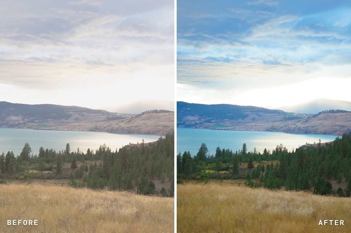Before and after: a lake below golden hills