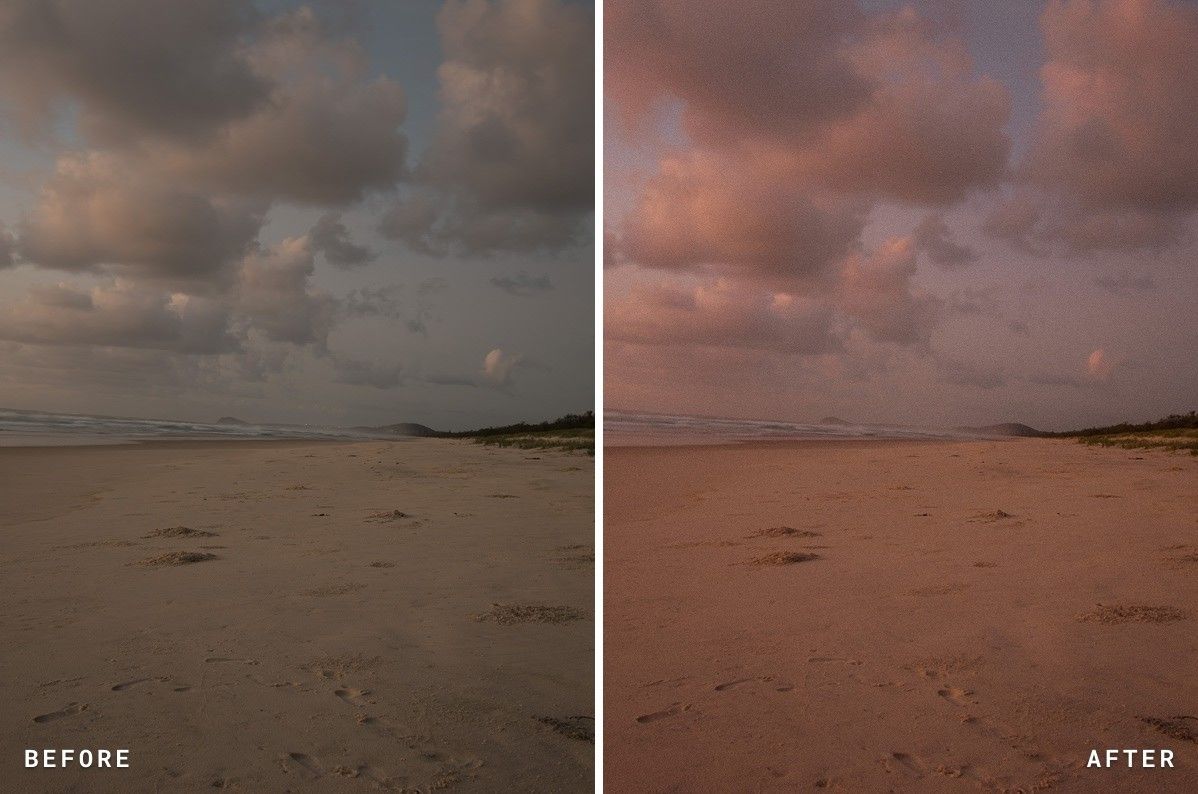 Before and after: a beach under a pink sky